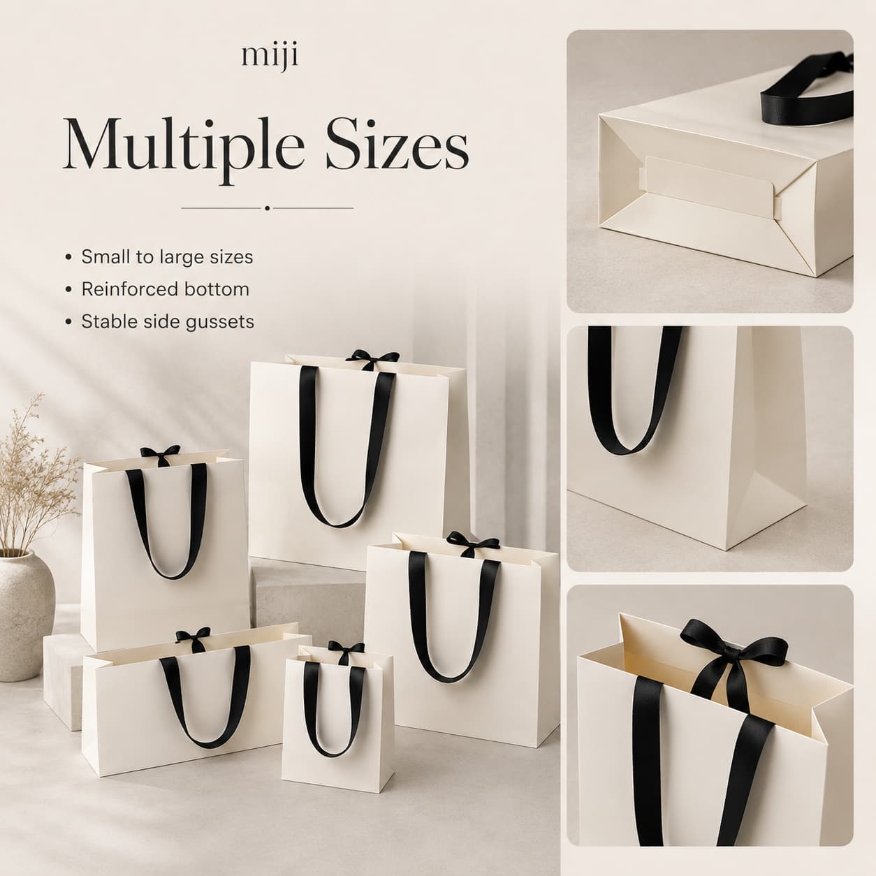 White ribbon handle gift bags shown in several sizes with stable side gussets and reinforced bottoms.