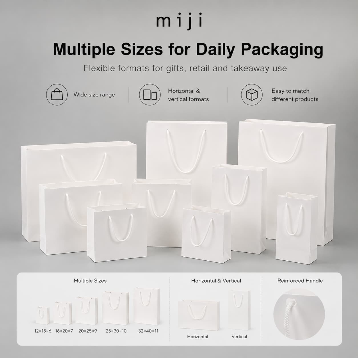 Plain white paper shopping bags shown in multiple horizontal and vertical sizes with a reinforced handle detail.