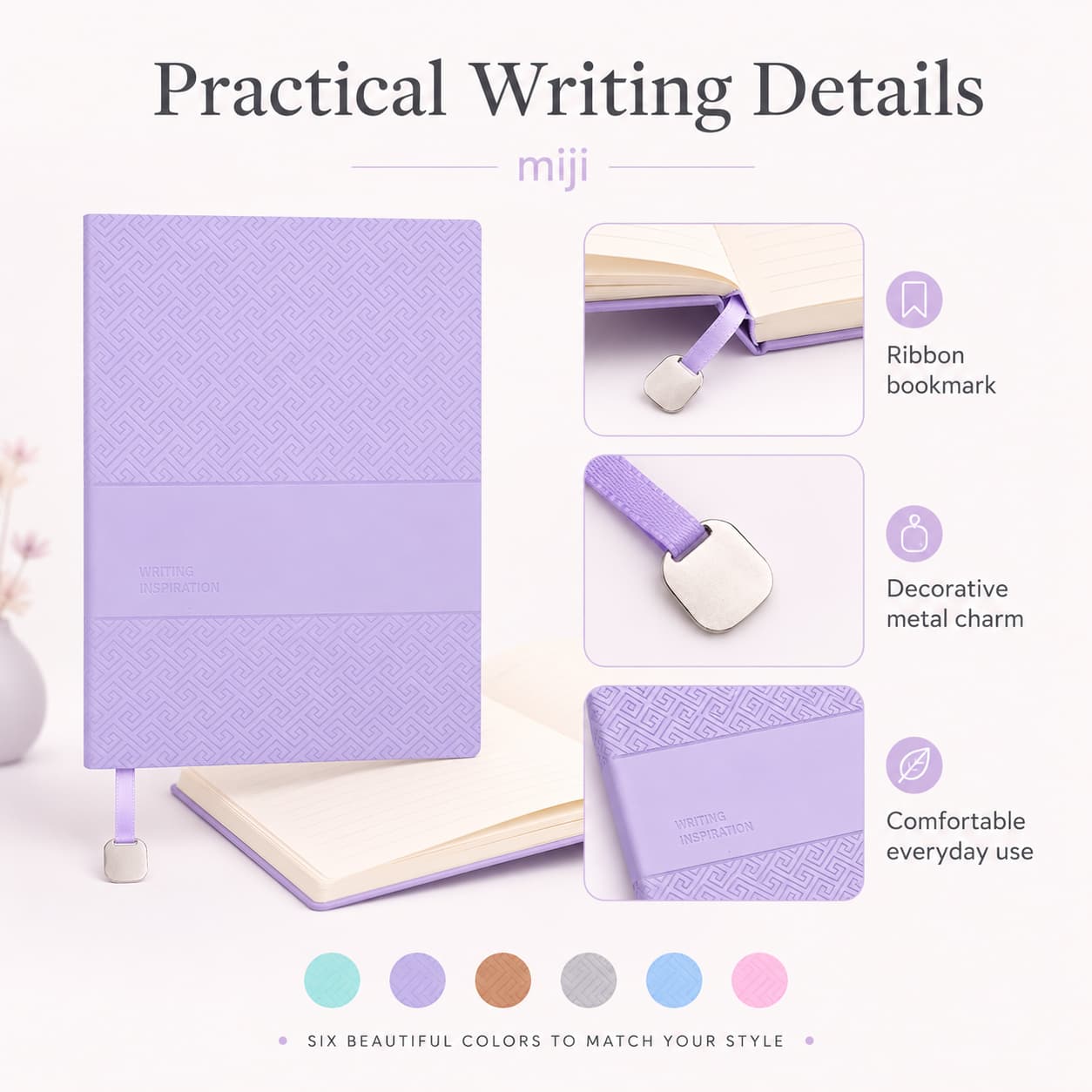 Lavender notebook with close-up views of the ribbon bookmark, silver-tone metal charm and comfortable hardcover design.