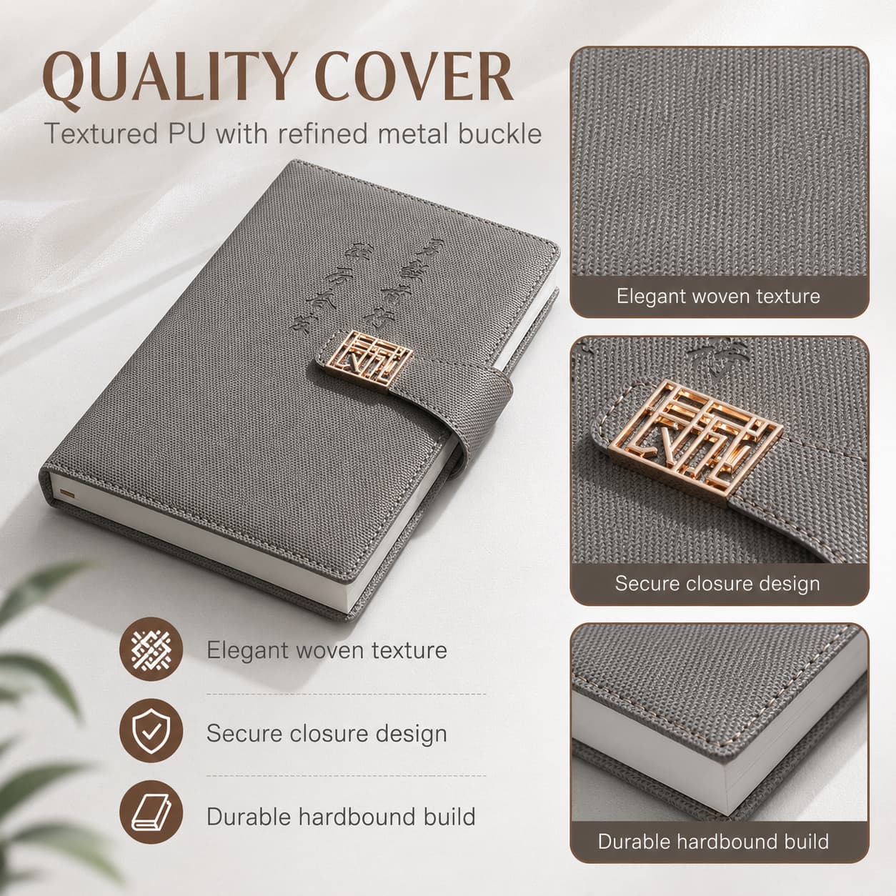 Smoke gray A5 notebook with woven-look PU texture, edge stitching, strap closure, and gold-tone lattice buckle detail.