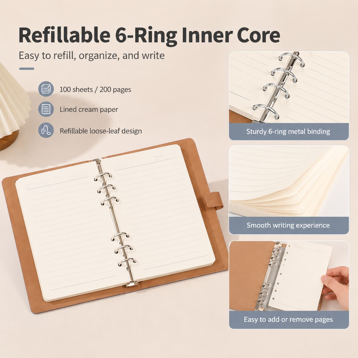 Seven notebook colors with miji logo examples in deboss, gold foil and silk print plus gift and office packaging references.
