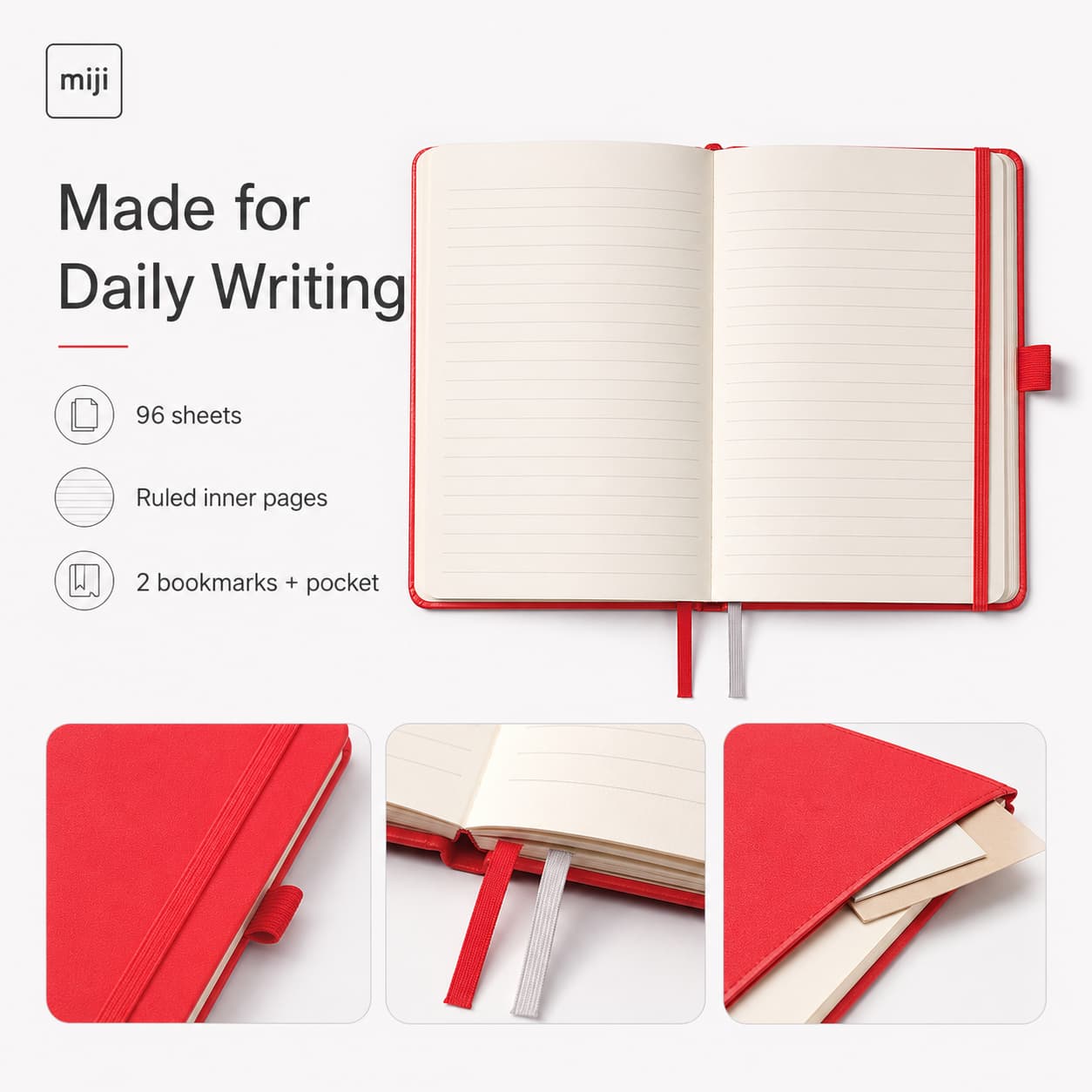 Open red A5 notebook with ruled pages, two bookmark ribbons, elastic closure, pen loop and back pocket details.