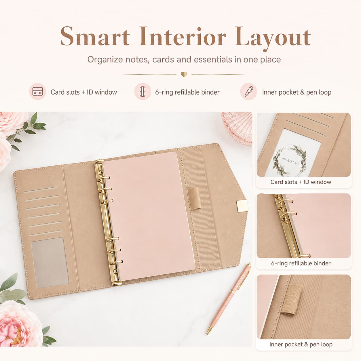 Opened refillable planner organizer with six card slots, clear ID window, 6-ring binder, inner pocket, and elastic pen loop.