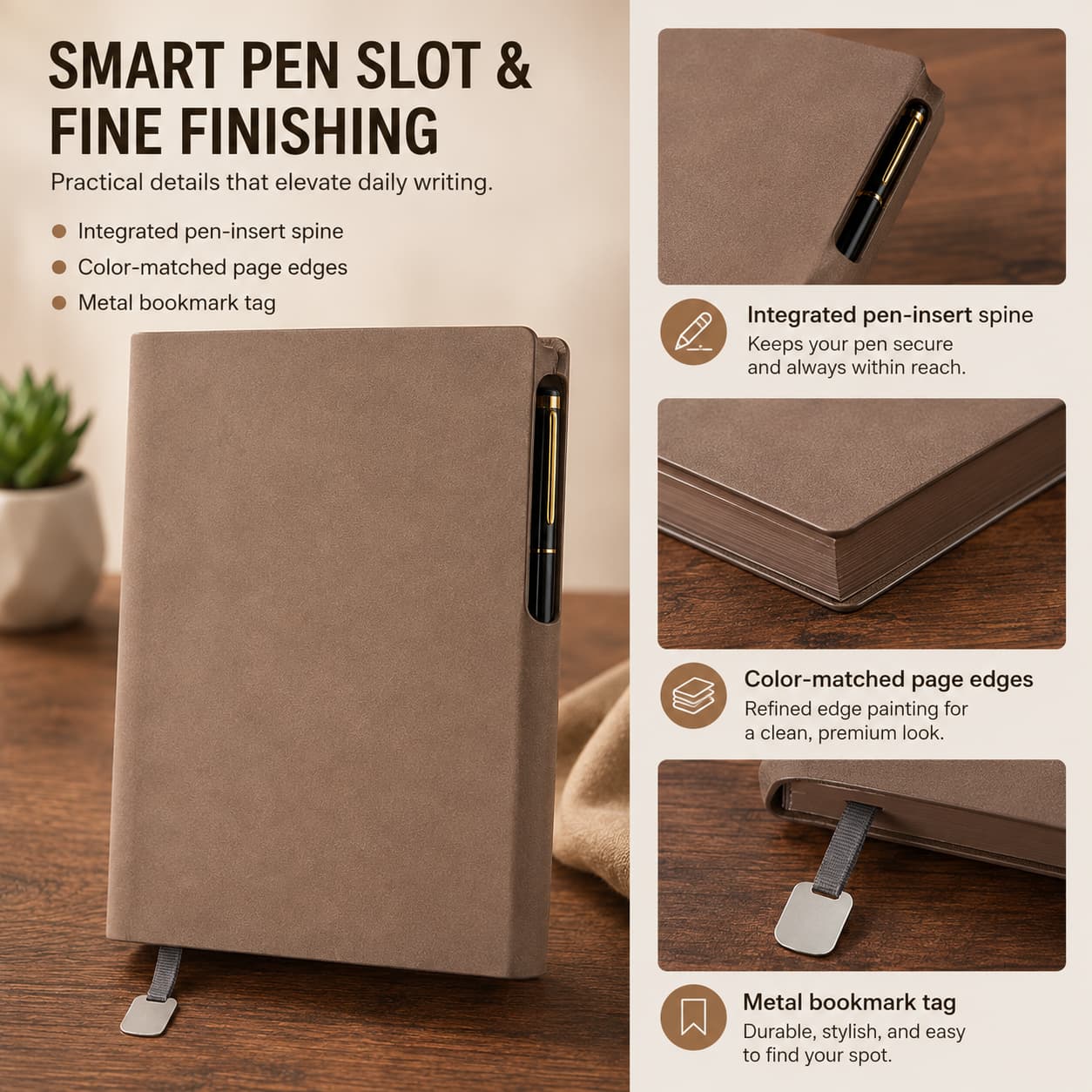 Coffee brown A5 notebook with close-up details of the integrated spine pen slot, color-matched page edges and metal bookmark tag.