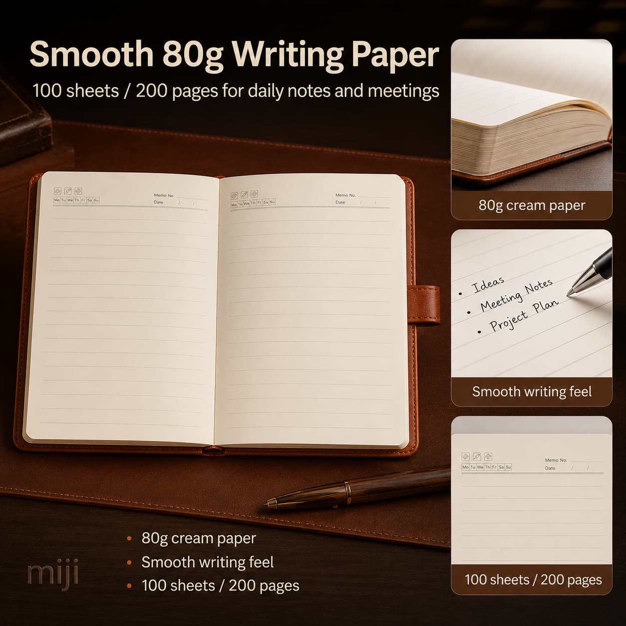 Open PU notebook showing 80g cream Daolin paper, smooth lined writing surface and 100 sheets / 200 pages.