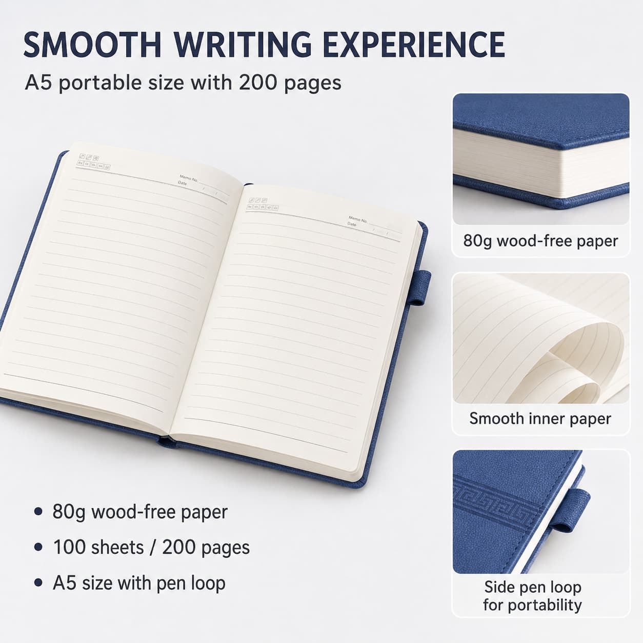 Open A5 notebook showing 80g wood-free paper, 100 sheets / 200 pages and side pen loop.