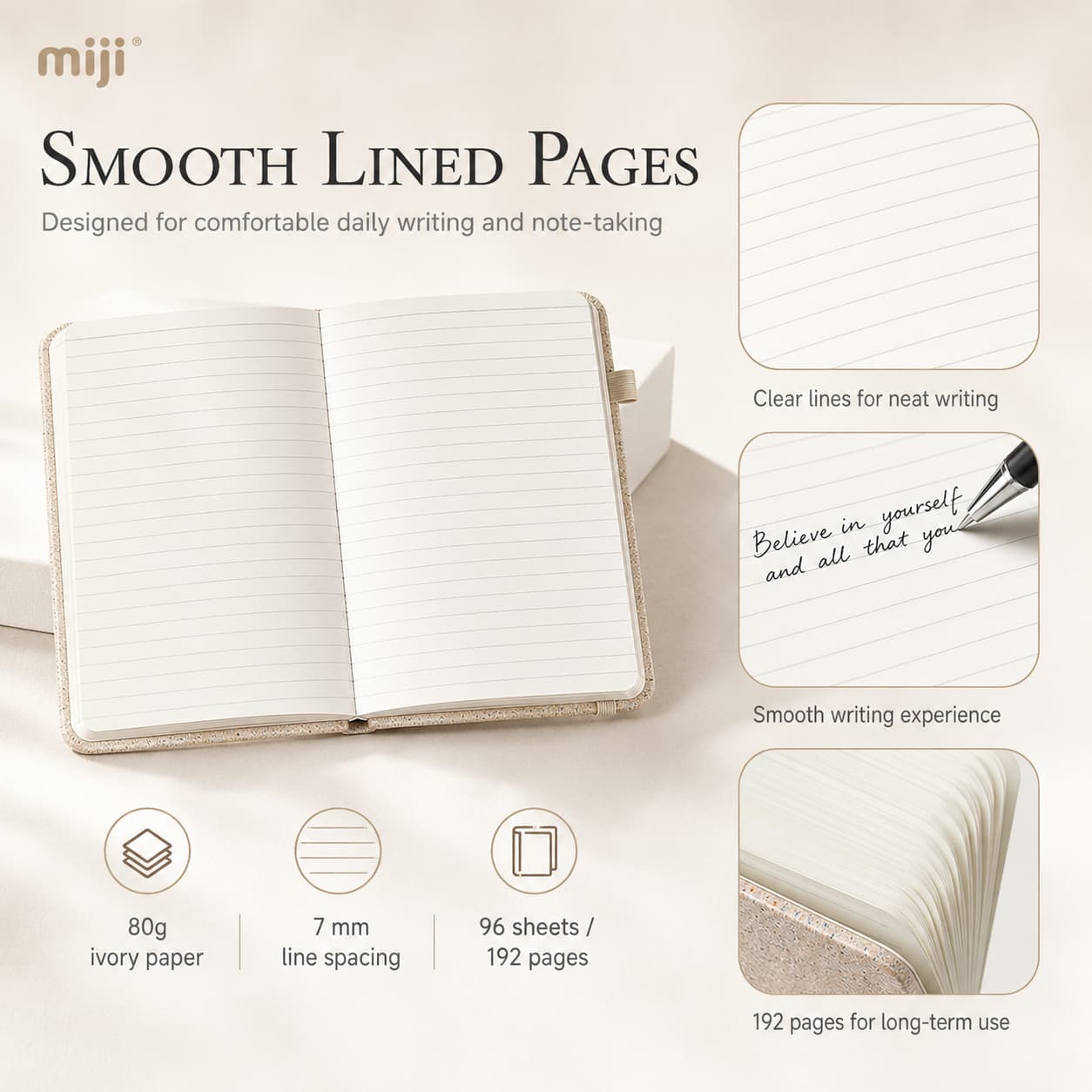 Open notebook showing 80gsm ivory lined pages, 7 mm line spacing and 96 sheets / 192 pages.