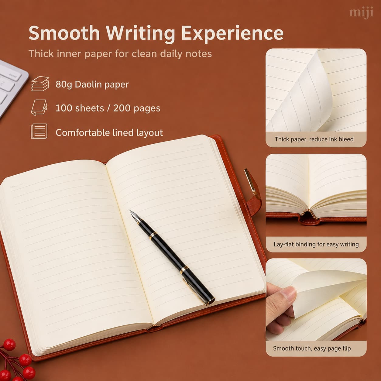 Open A5 PU notebook showing 80g lined paper and 100 sheets / 200 pages.