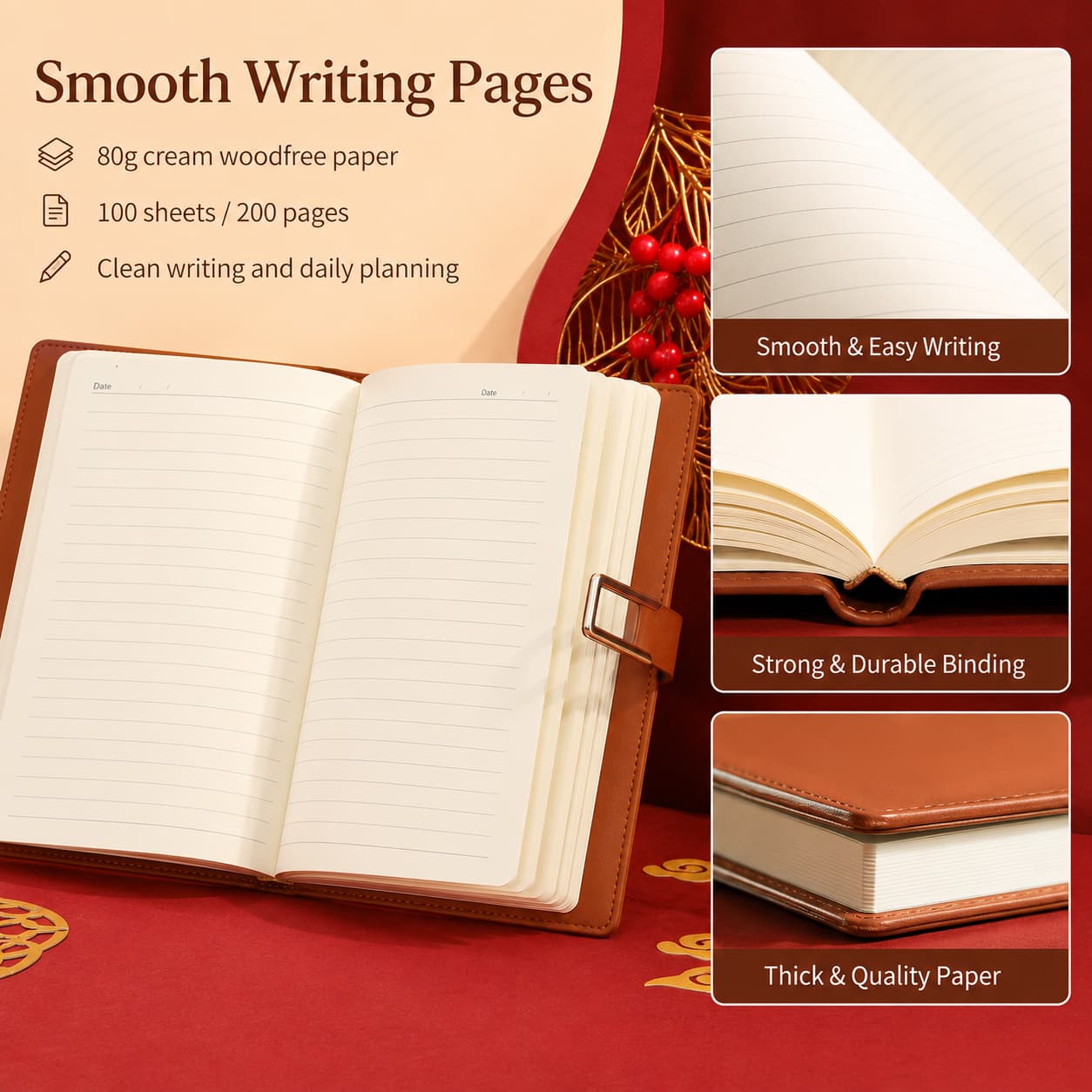 Open A5 notebook showing ruled 80 gsm cream wood-free pages, strong binding and thick page block for smooth writing.