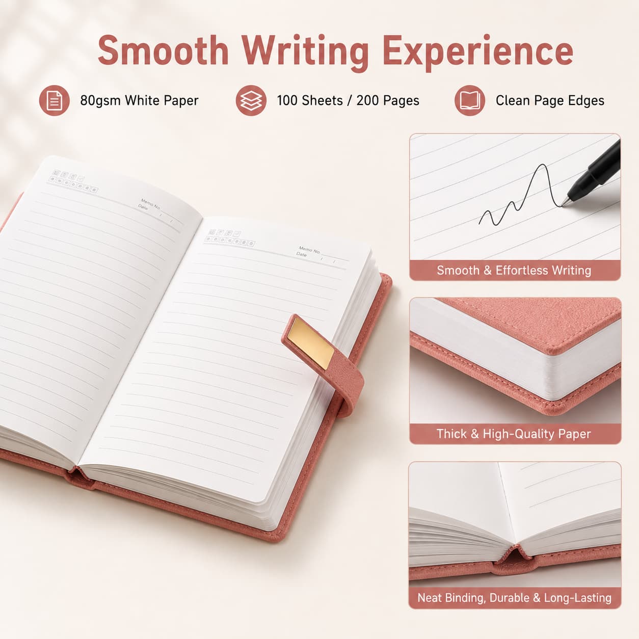 Open A5 notebook with lined 80gsm white paper, 100 sheets / 200 pages, clean edges, and neat hardbound construction.