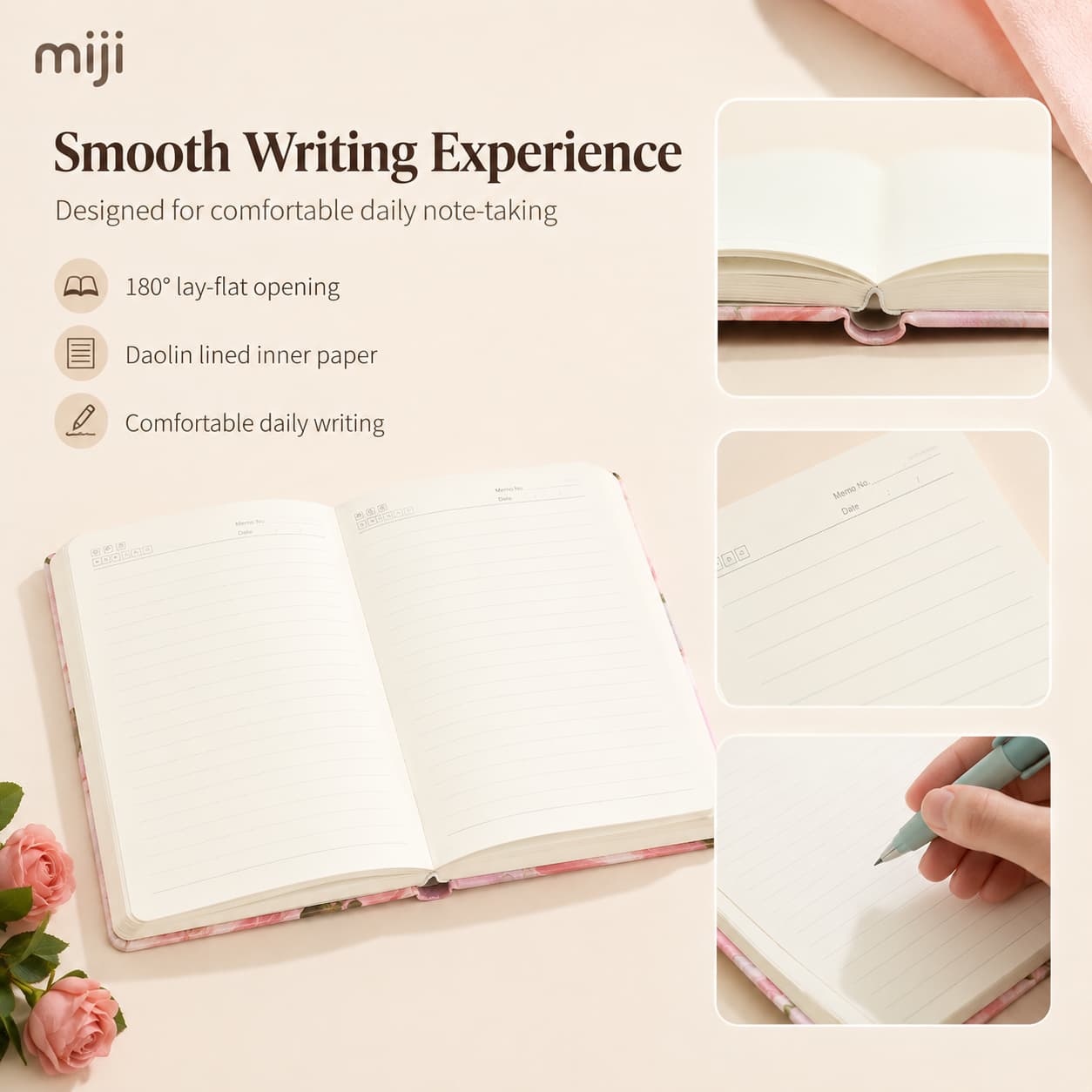 Open notebook showing lined Daolin inner paper, lay-flat binding and comfortable writing details.