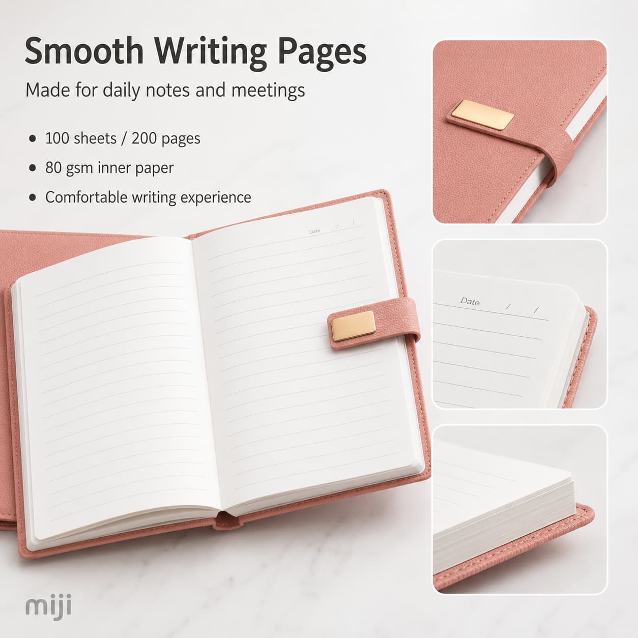 Open A5 notebook showing lined 80gsm wood-free paper, 100 sheets / 200 pages, page details, and gold plate strap closure.