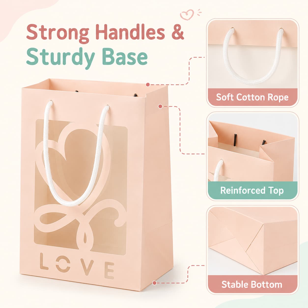 Pastel window gift bag with close-up views of rope handles, reinforced top and stable folded bottom.