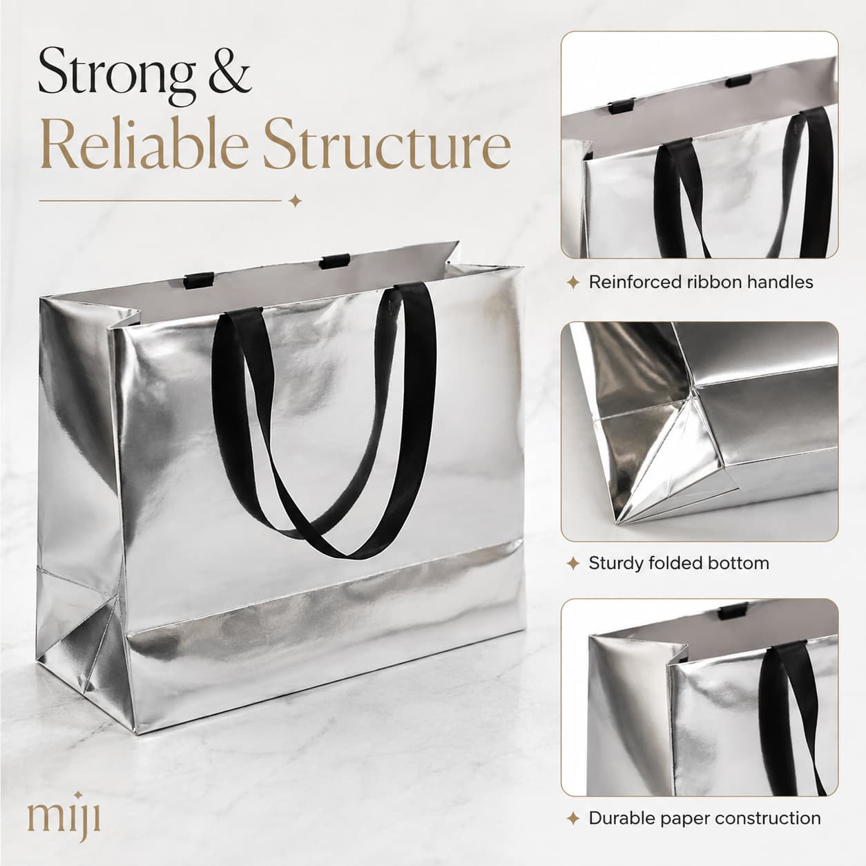 Silver metallic paper gift bag with detail views of reinforced ribbon handles, folded bottom and durable paper construction.
