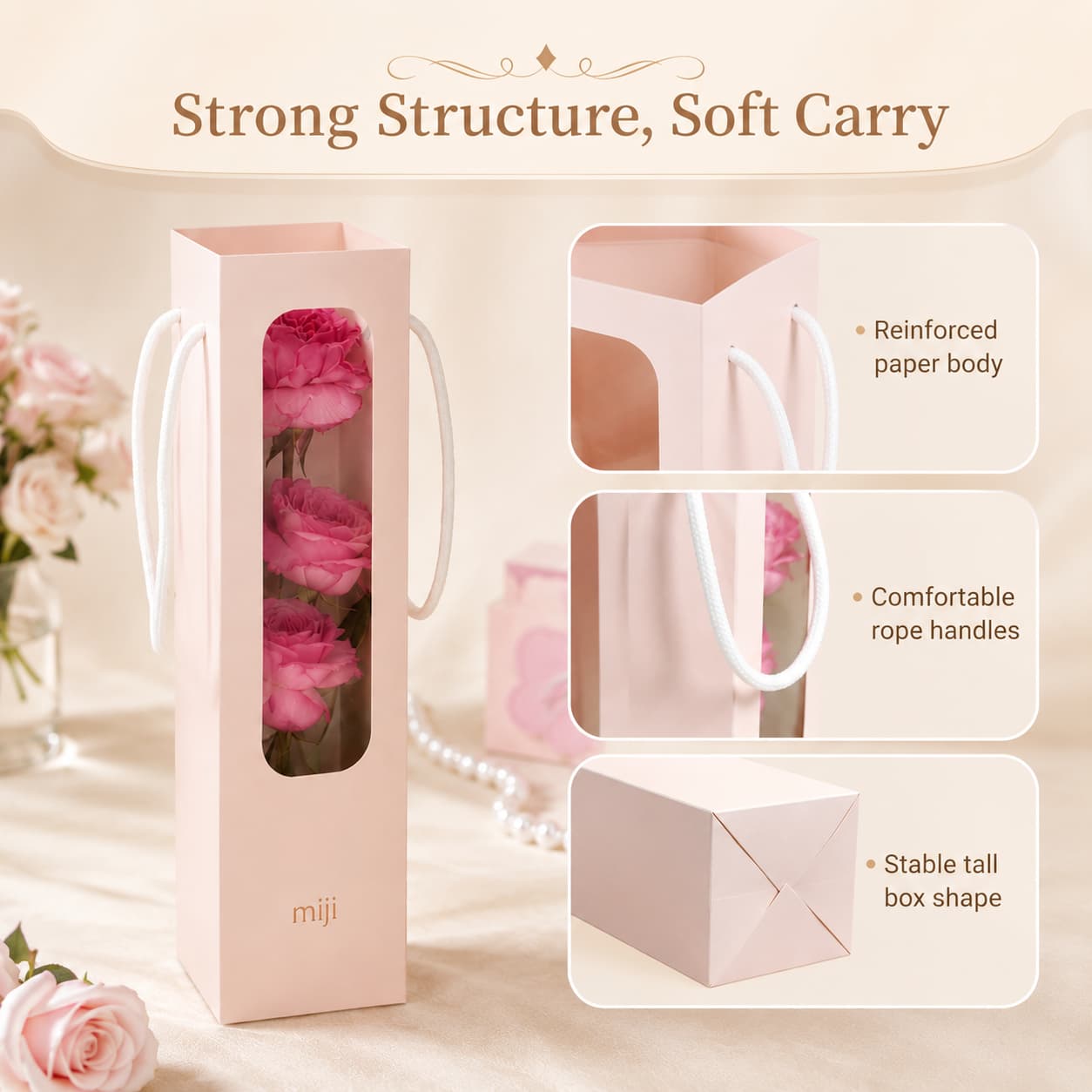 A flower gift bag feature image showing reinforced paper body, comfortable rope handles and a stable square base.