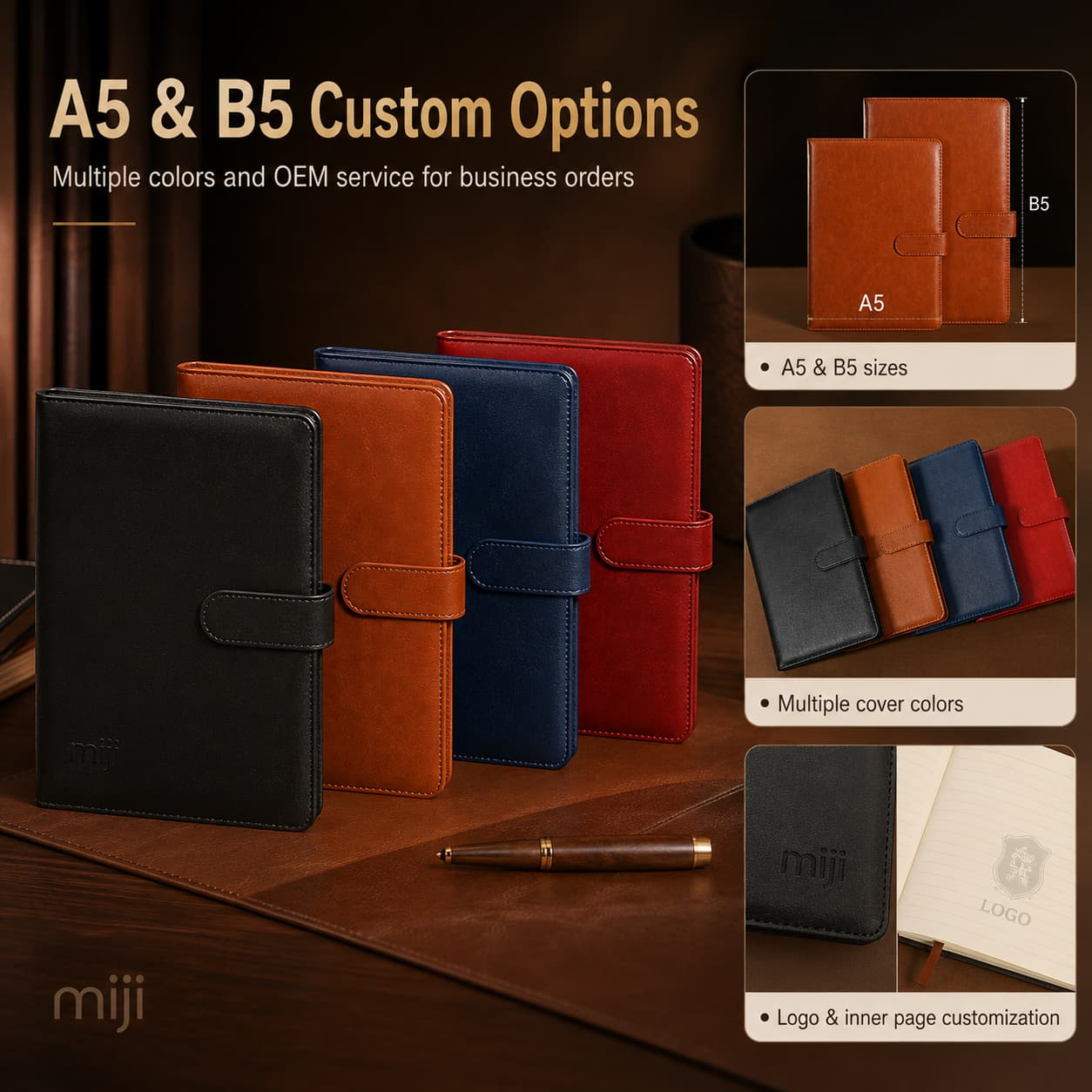 Black, brown, blue and red PU notebooks with A5 and B5 size, color, logo and inner-page customization examples.