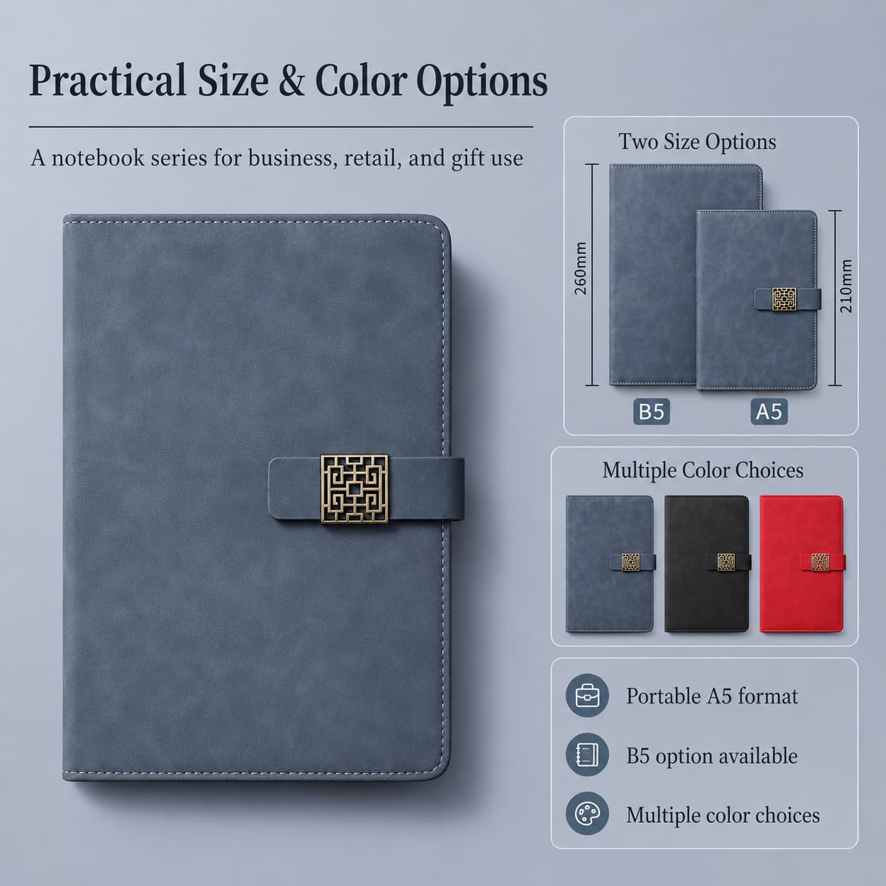 Feature graphic comparing A5 and B5 vintage PU notebooks with black, red and smoky blue color choices.
