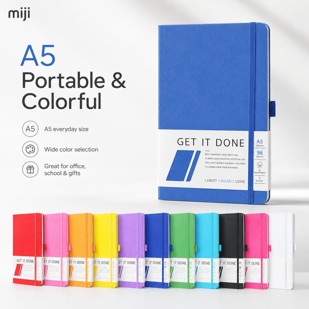 Blue A5 notebook shown with a full series of bright color options for office, school and gift applications.