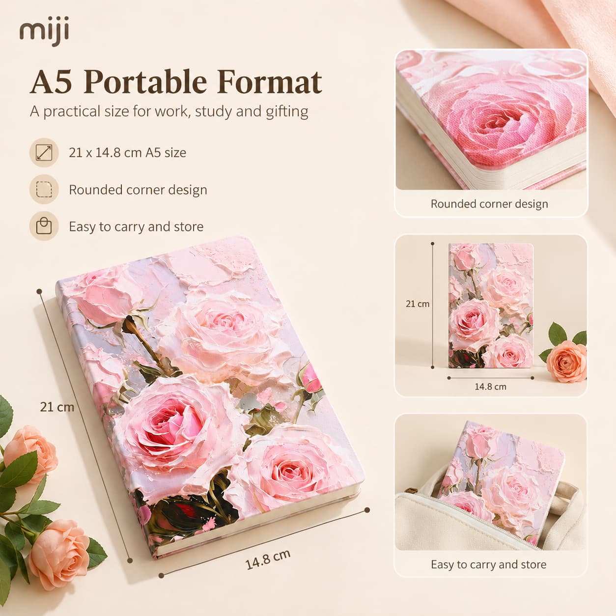 A5 floral notebook with 21 by 14.8 cm size reference, rounded corner detail and portable bag placement.