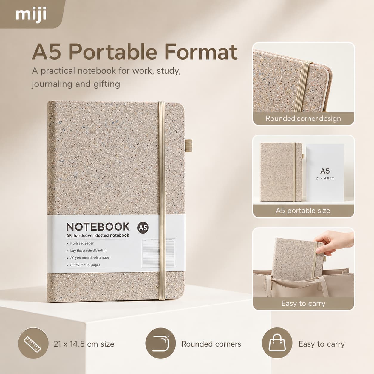 A5 glitter notebook with size reference, rounded corner detail and easy-to-carry bag placement.