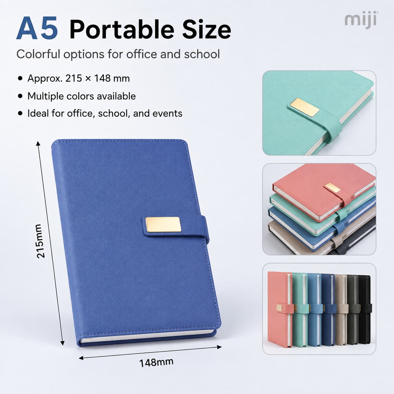 A5 gold plate strap notebook with approximately 215 × 148 mm dimensions and multiple coordinated cover colors.
