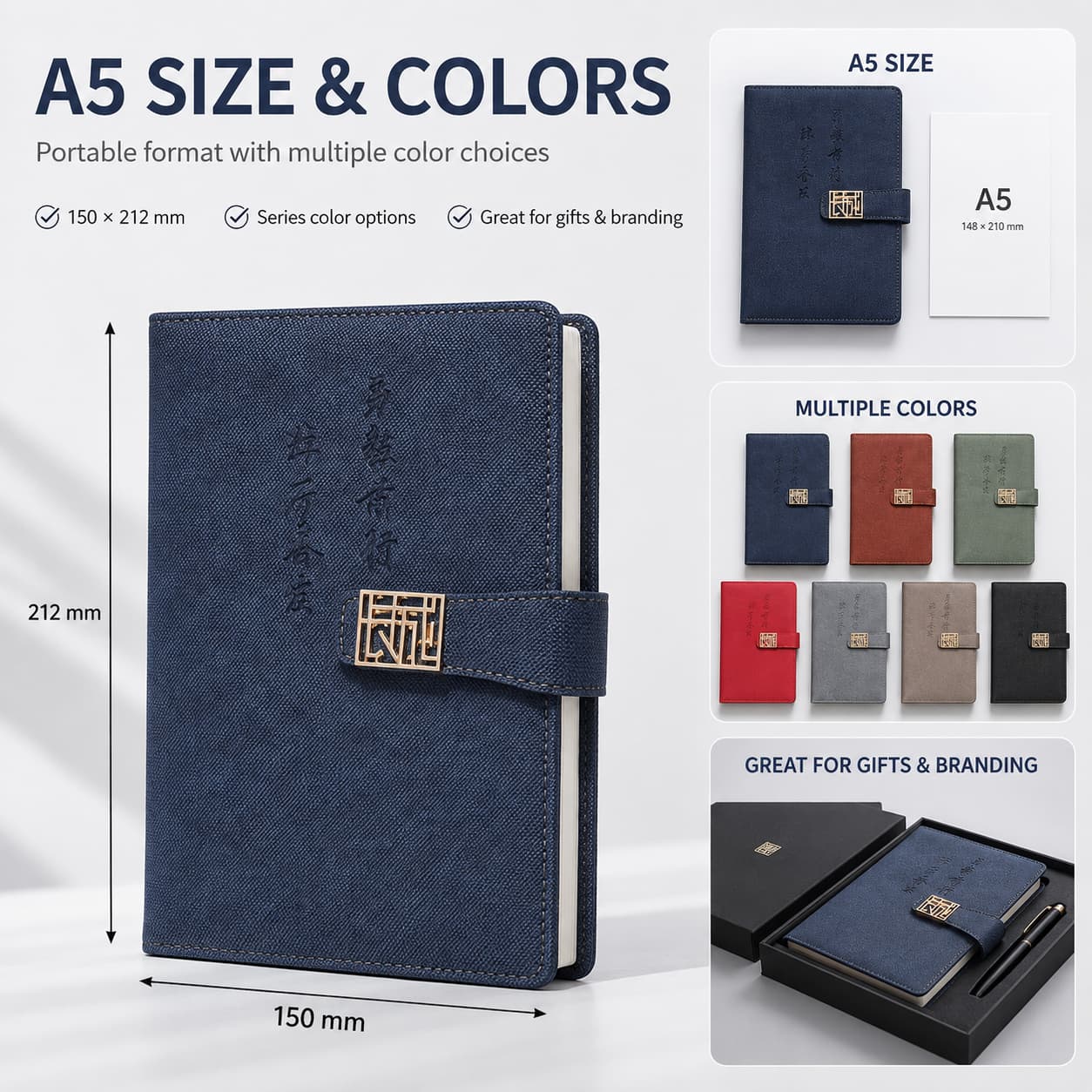 A5 notebook size guide with 150 × 212 mm dimensions, multiple color options, and gift presentation examples.