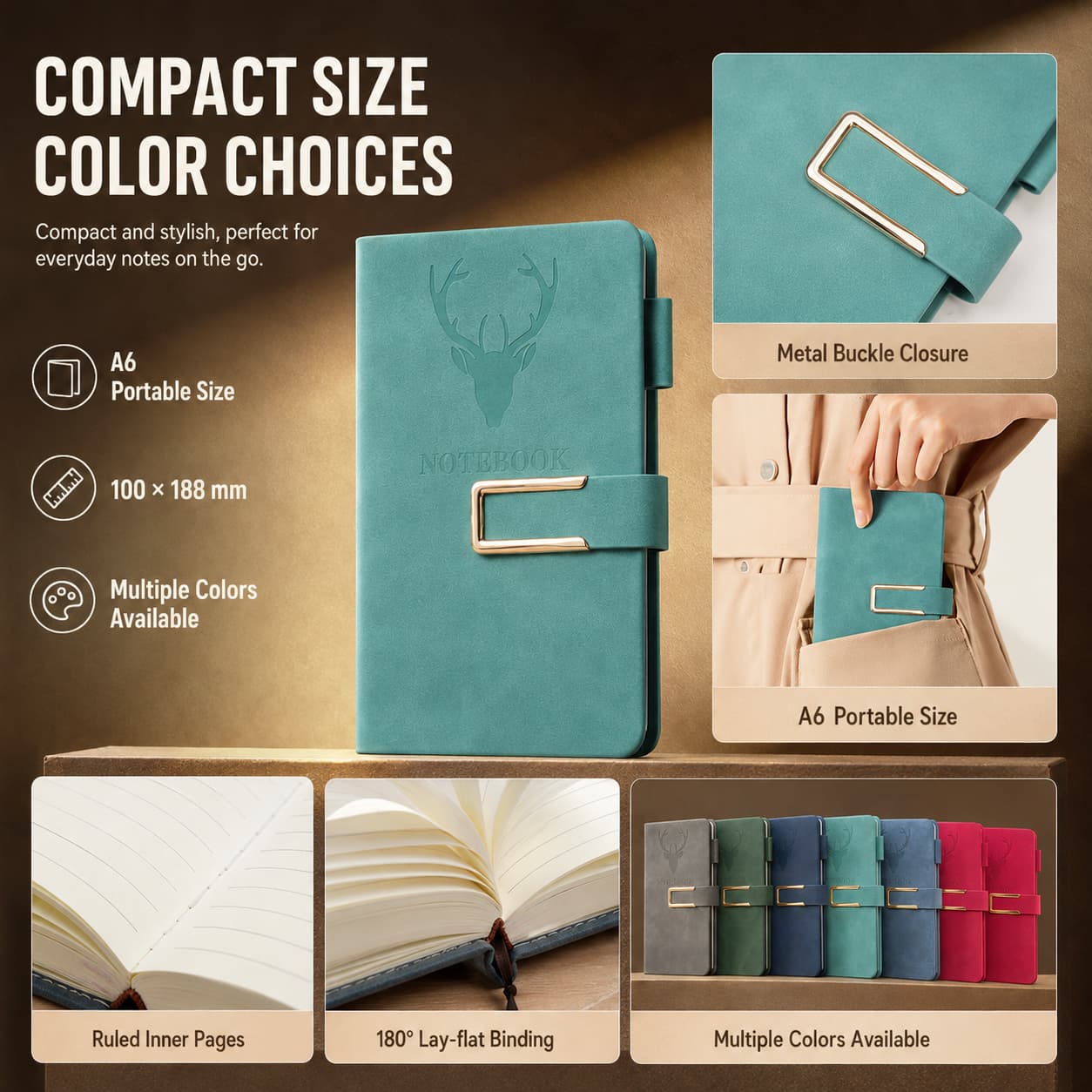 Feature graphic showing the 100 × 188 mm A6 format, metal buckle closure, portable carrying, ruled pages, lay-flat binding and multiple colors.