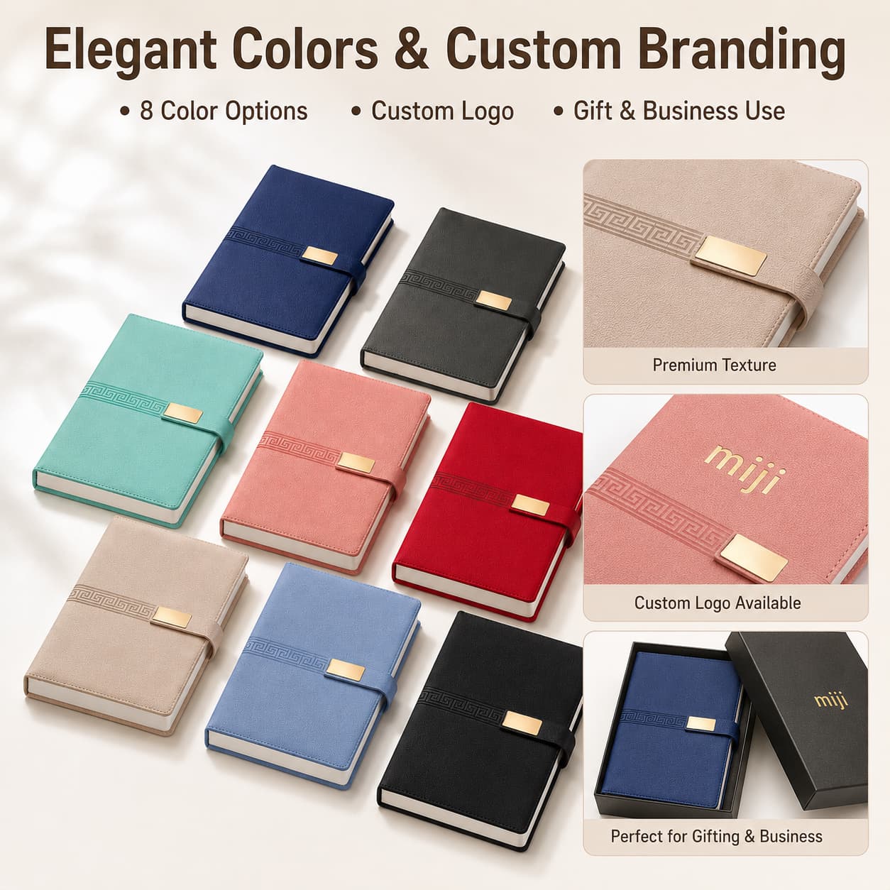 A multi-color A5 notebook collection with custom logo and gift packaging examples for business and promotional use.