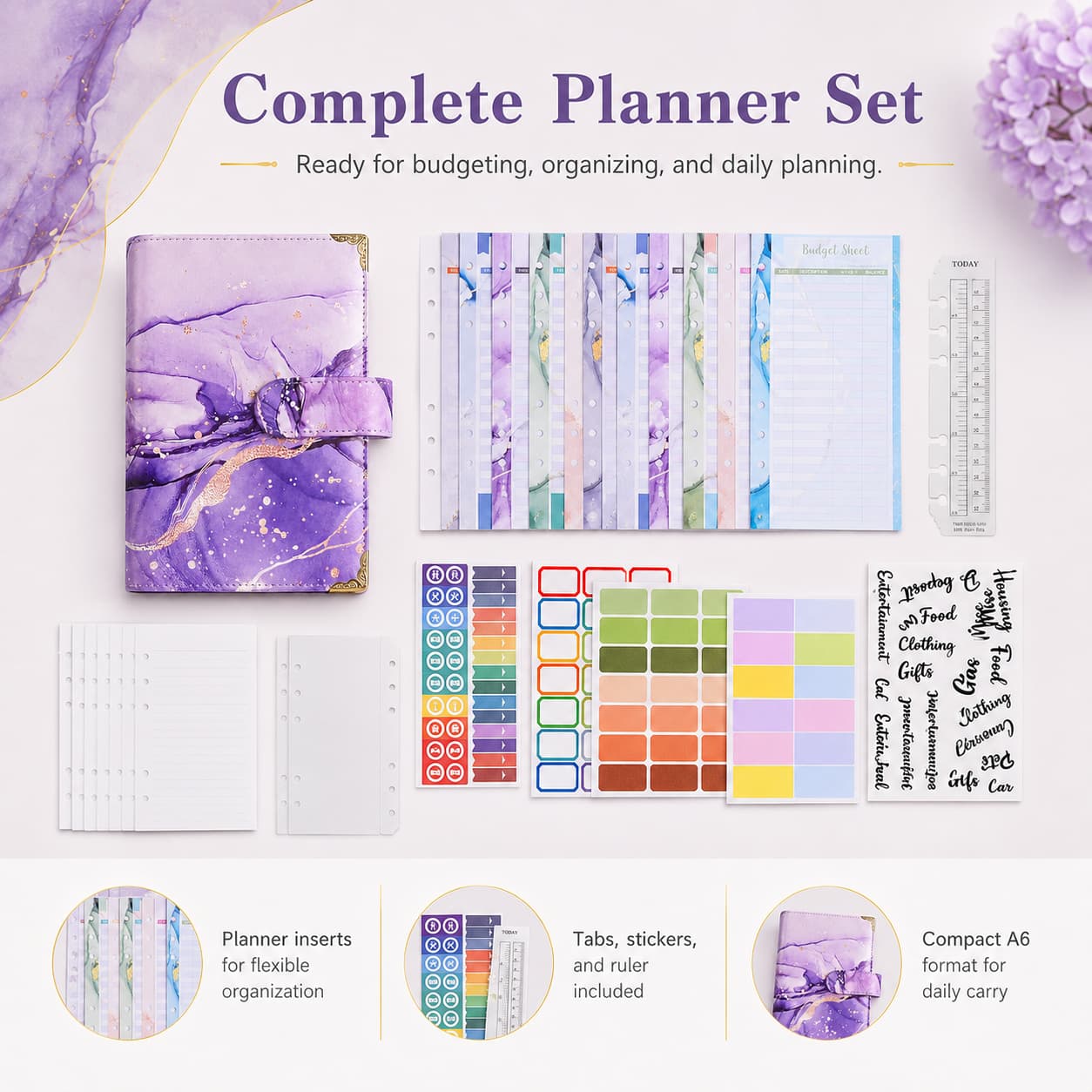 Purple A6 planner displayed with refill pages, budget sheets, divider tabs, labels, stickers, ruler and organizing accessories.