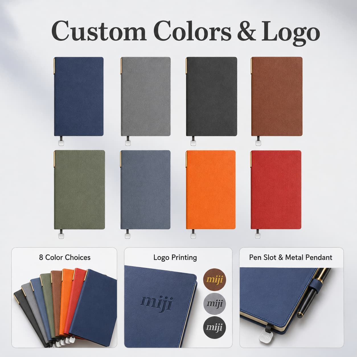 Multi-color A5 notebook collection with custom logo examples, pen slot detail, and branding options.