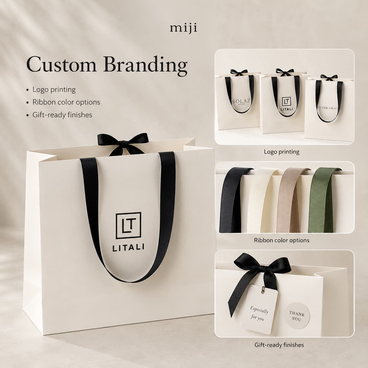 White paper gift bag with examples of logo printing, ribbon color choices and gift-ready finishing details.