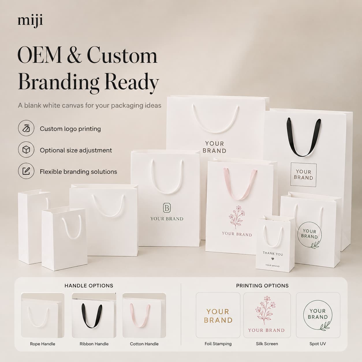 White paper shopping bags showing custom logo printing, handle options and printing finishes for OEM packaging.