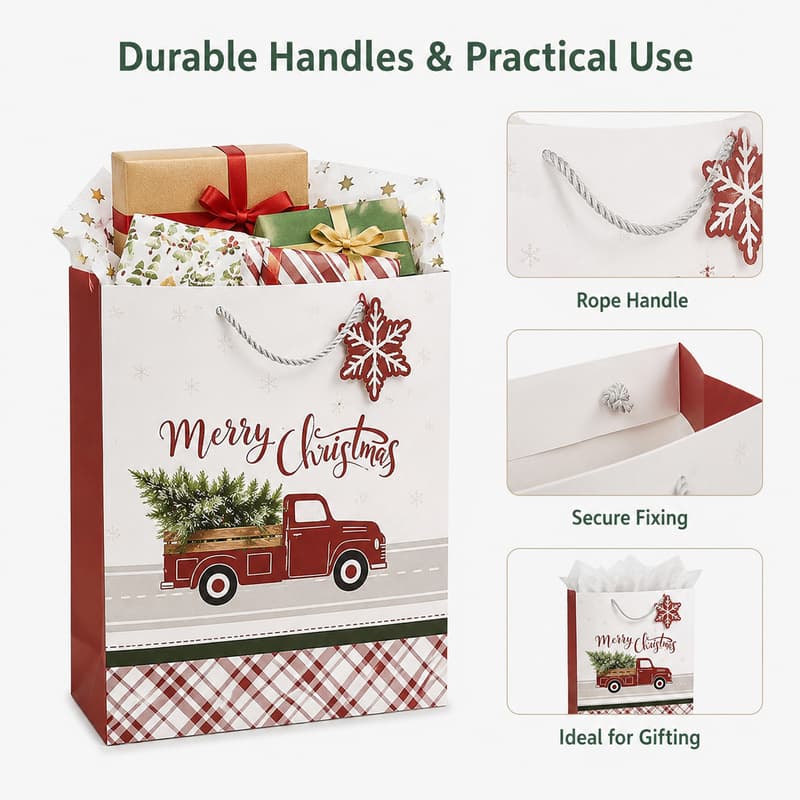Christmas paper gift bag filled with presents and detail views of the rope handle and secure internal fixing.