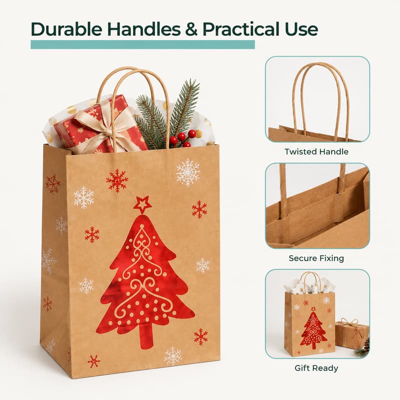 Gift-ready kraft paper bag showing twisted paper handles, secure fixing and festive presentation.
