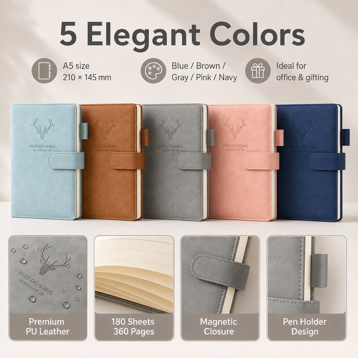 Five A5 soft-touch PU notebooks in light blue, brown, gray, pink and navy with page, closure and pen-loop details.