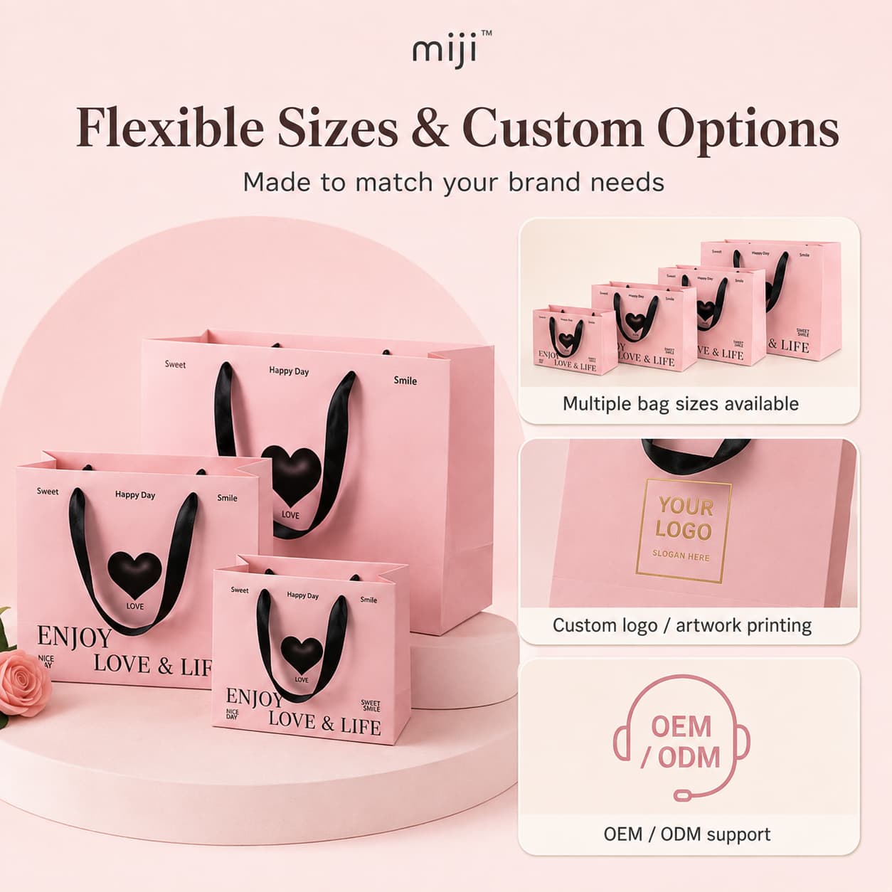 Pink heart paper gift bags shown in several sizes with logo printing and OEM ODM support.