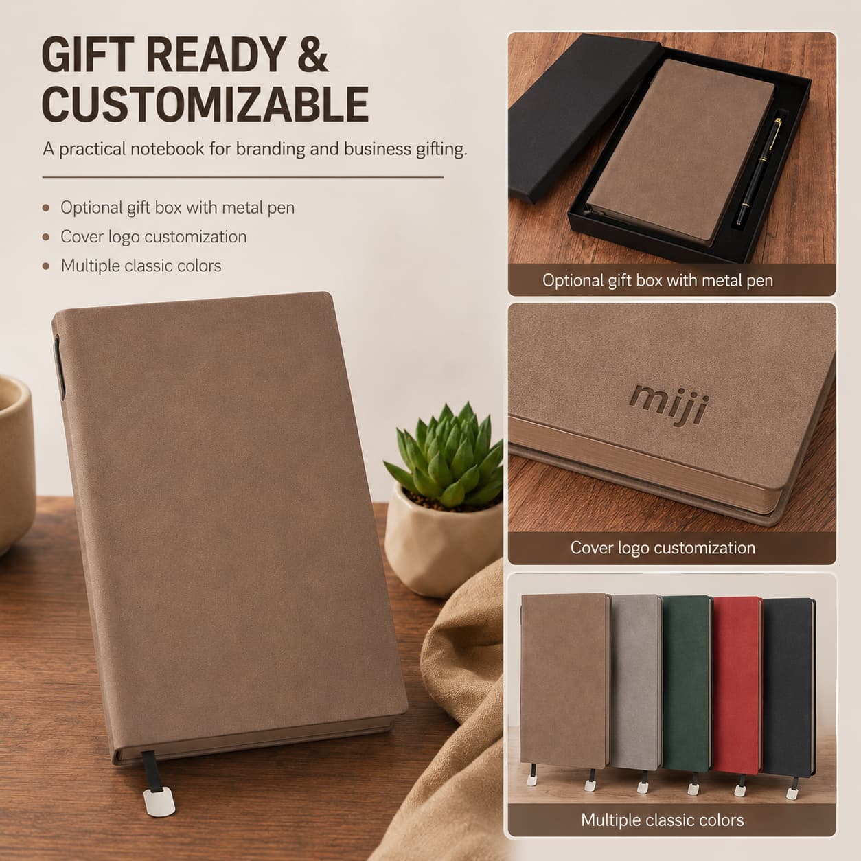 A5 soft-touch PU notebook with optional rigid gift box and metal pen, logo customization example and multiple classic colors.