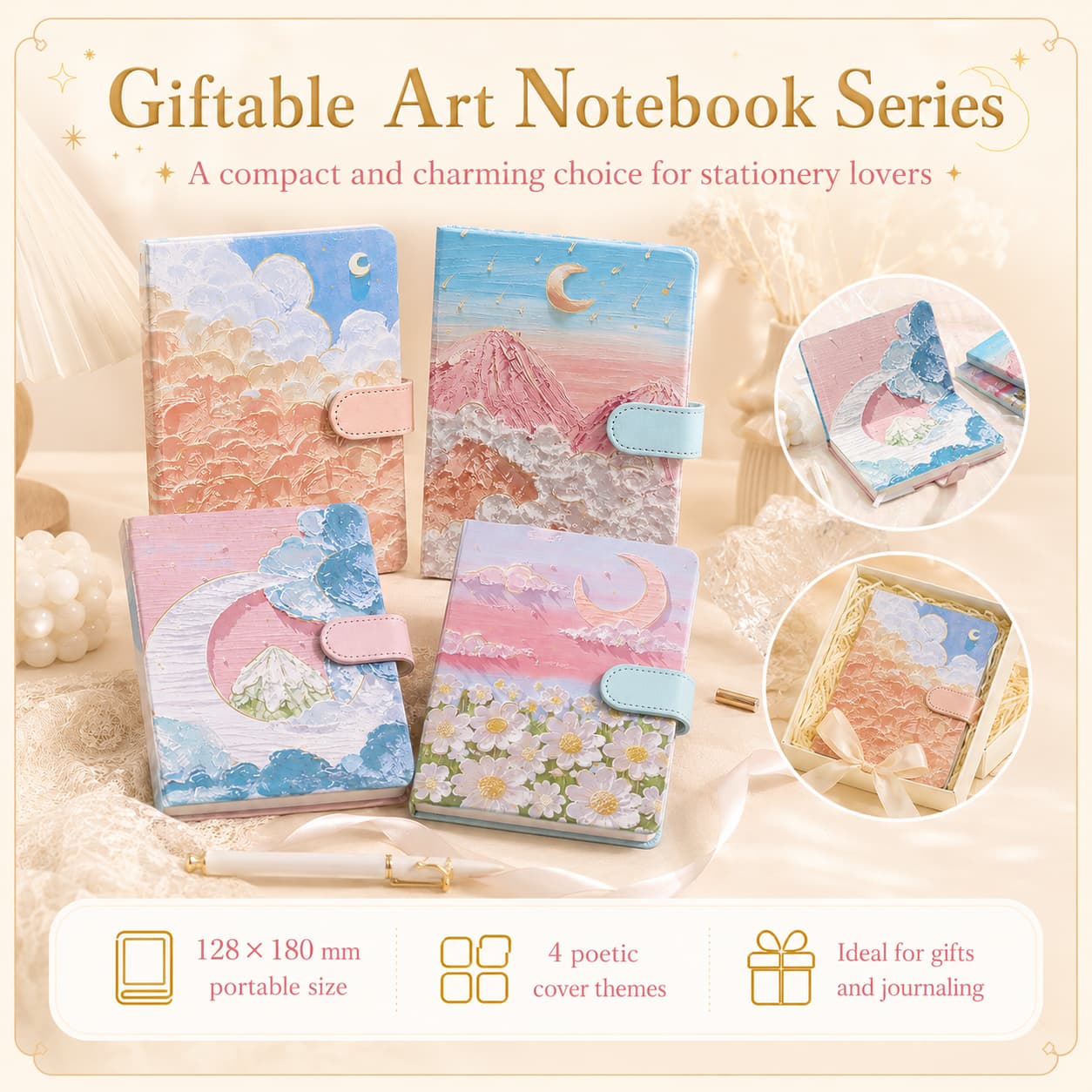 Four compact 128 × 180 mm illustrated notebooks presented as a coordinated stationery and gift collection.