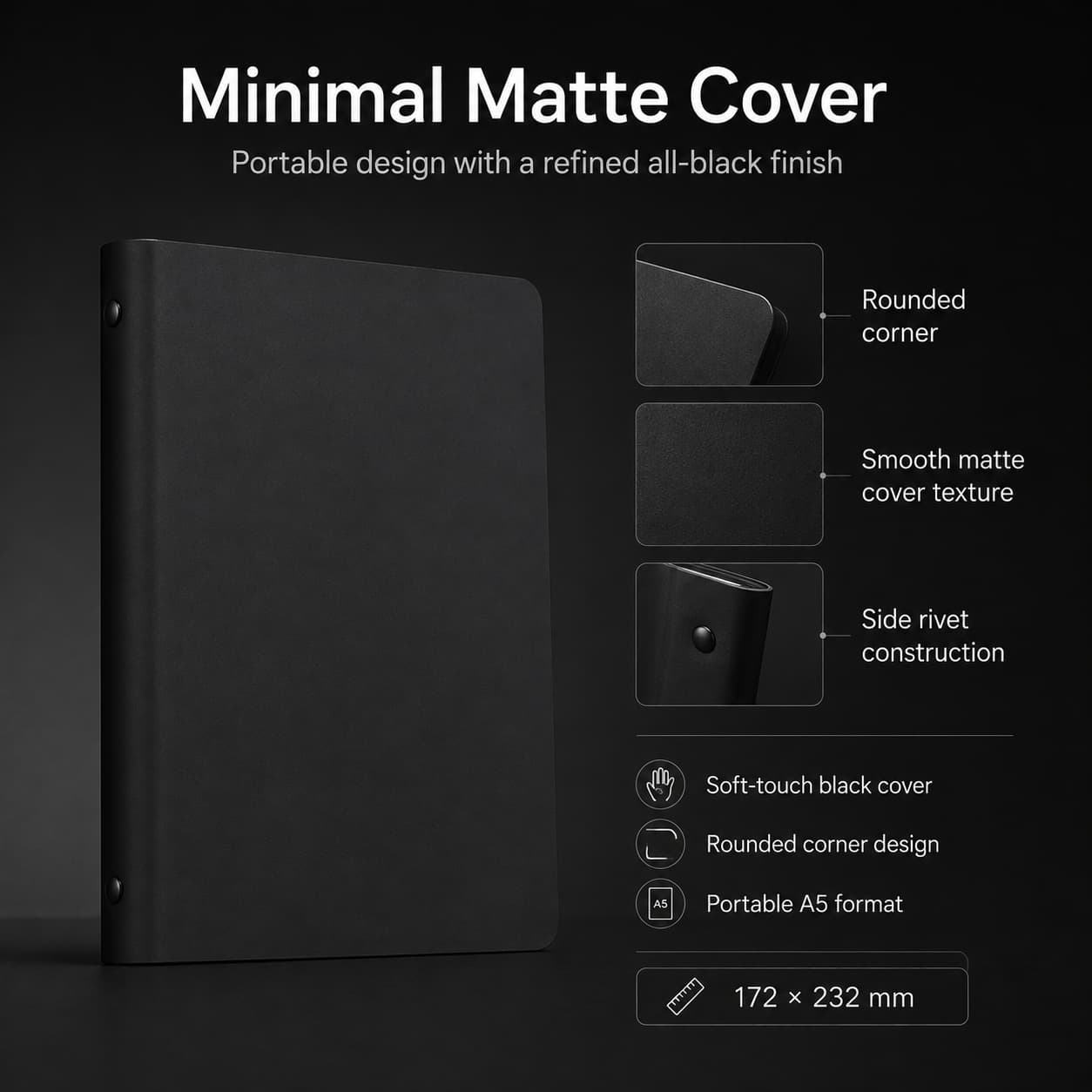 Closed matte black A5 notebook with detail views of the rounded corner, smooth cover texture and side rivet construction.