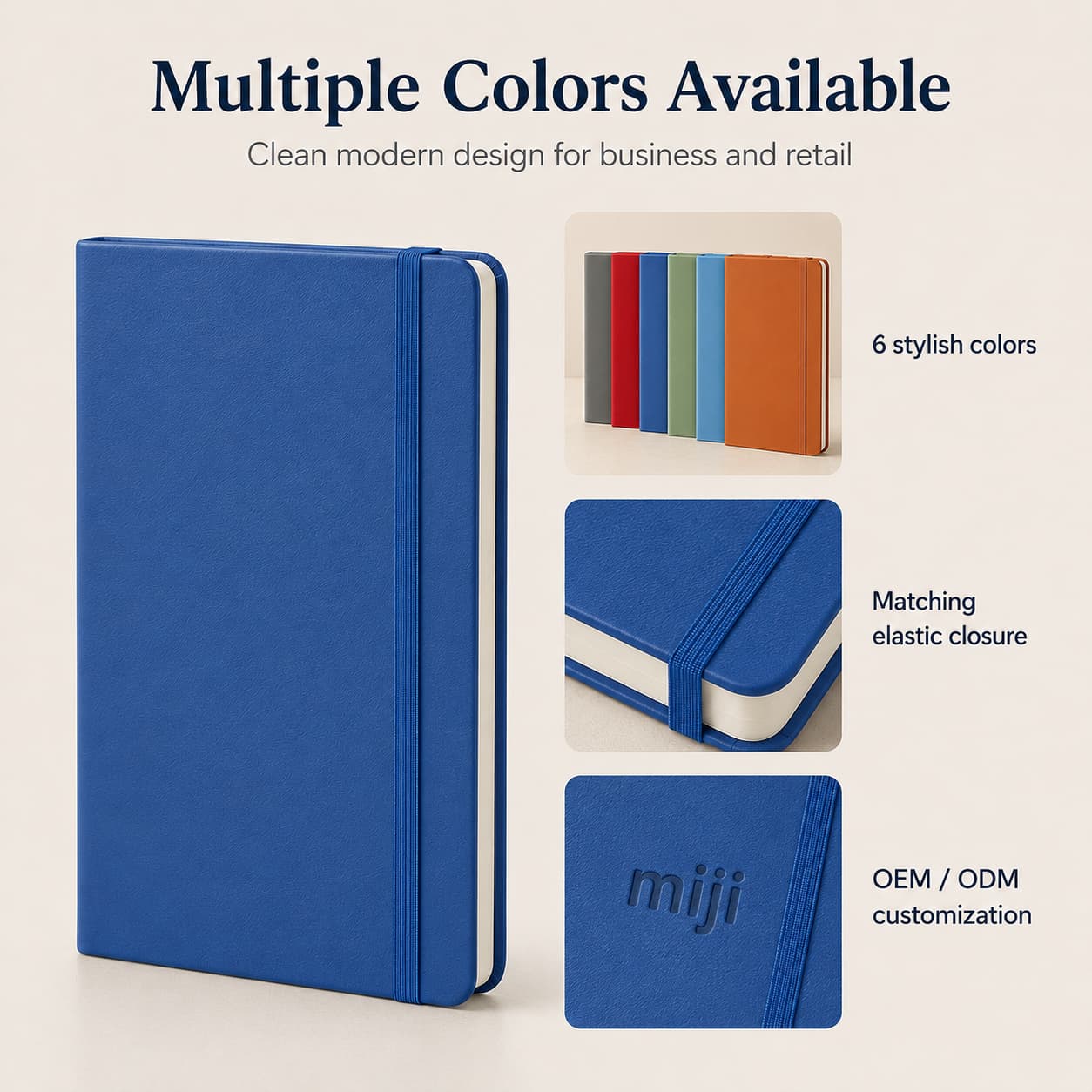 Sapphire blue A5 notebook with six color options, matching elastic closure, and miji logo customization examples.