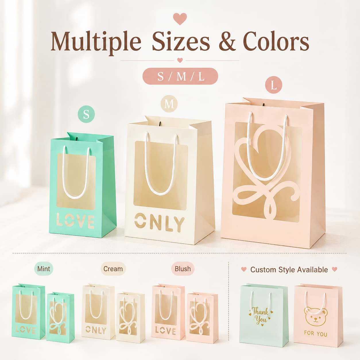 Small, medium and large pastel window gift bags in mint, cream and blush with custom style examples.
