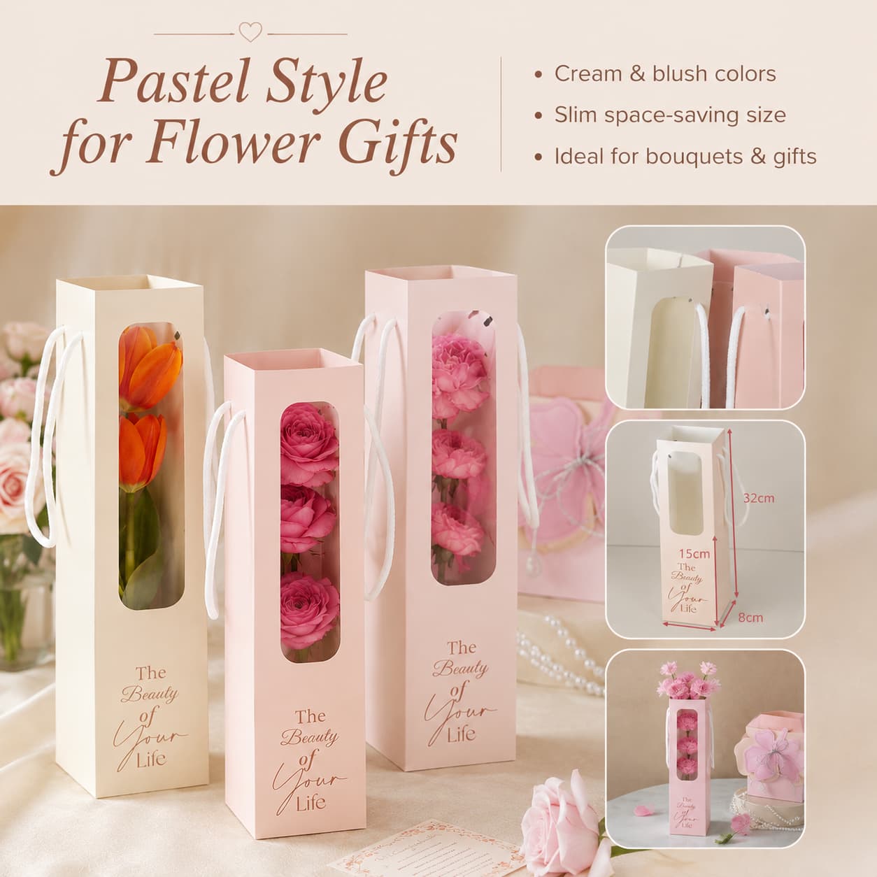Cream and blush slim flower gift bags presented as elegant packaging for bouquets and romantic gifts.