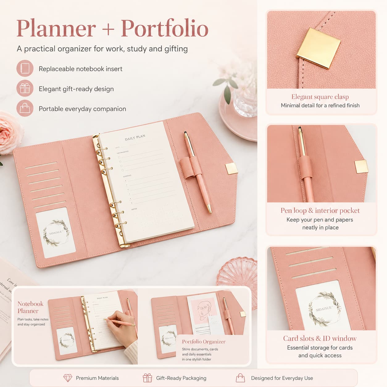Pink planner and portfolio organizer with replaceable notebook insert, card storage, pen loop, and gold clasp.