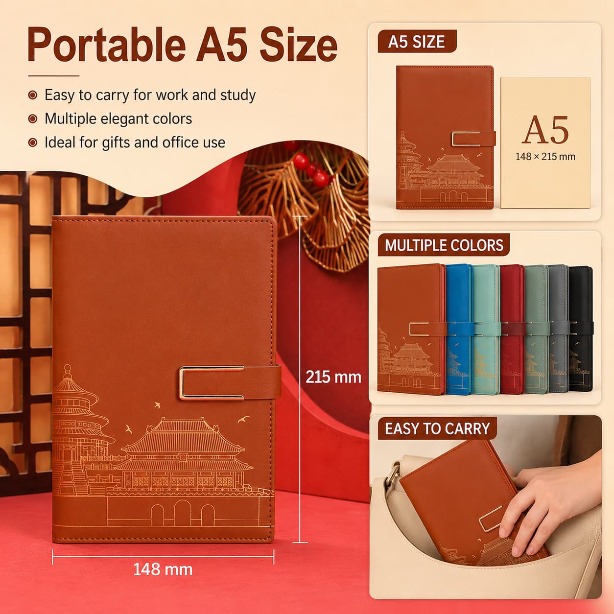 A5 PU notebook with 148 × 215 mm size reference, multiple cover colors and a portable use example.