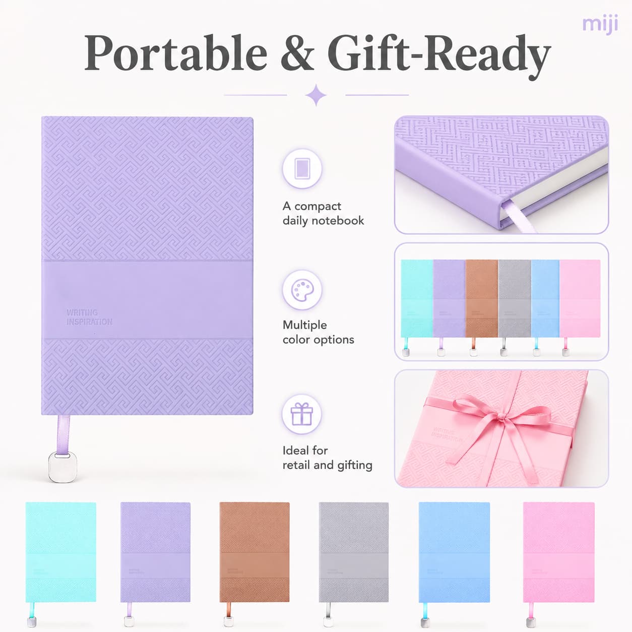 Compact lavender notebook shown with multiple color options and a gift-ready pink notebook presentation.