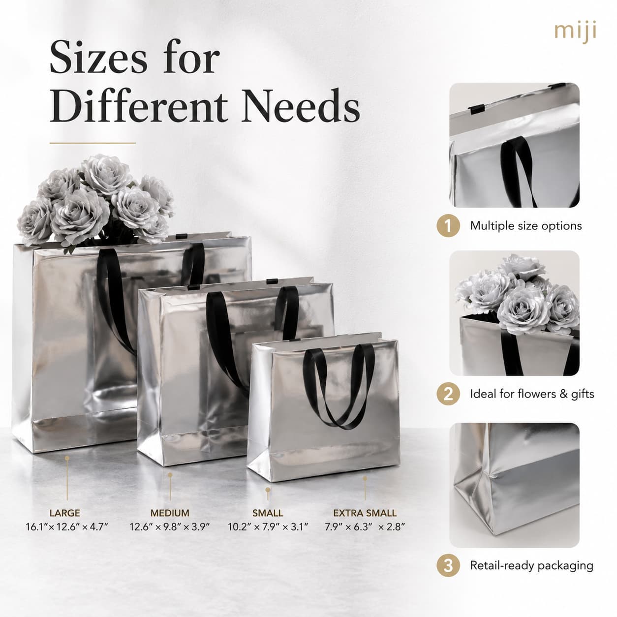 Silver metallic paper gift bags in multiple size formats for flowers, gifts and premium retail products.
