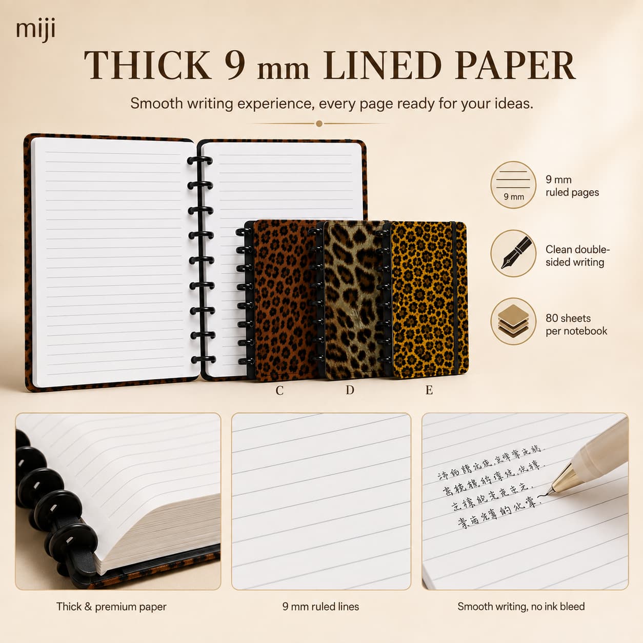 Open A5 notebook showing 9 mm ruled pages, 80 sheets, double-sided writing and thick paper close-up details.