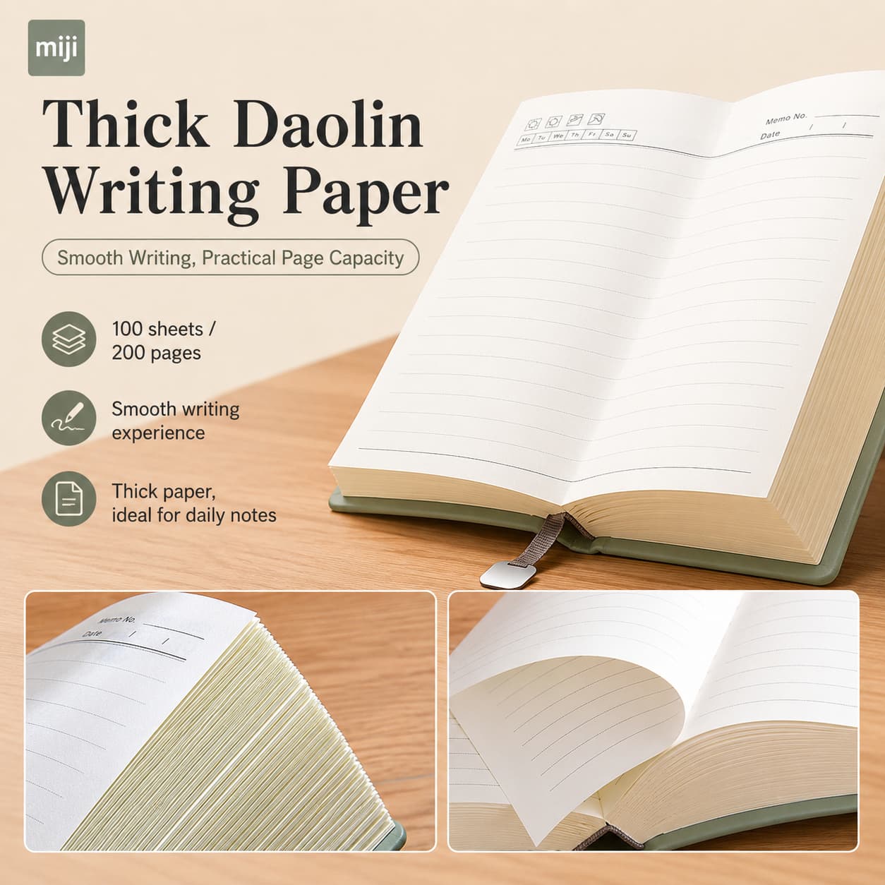 Open A5 notebook showing thick lined writing paper, practical page capacity and comfortable daily writing format.