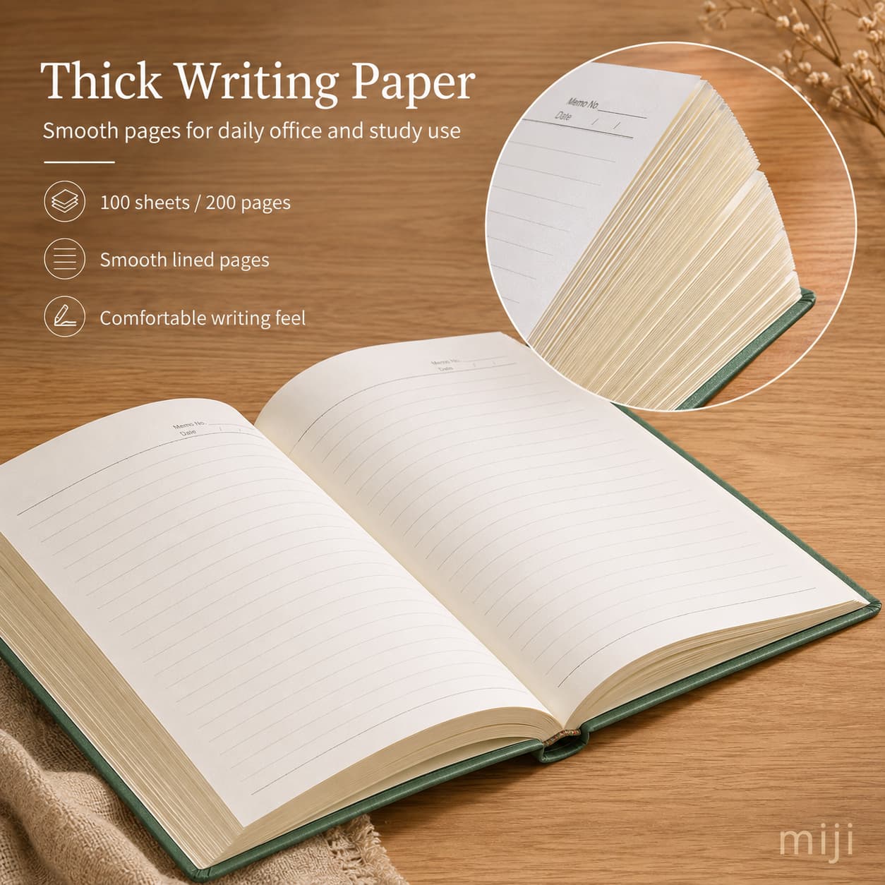 Open notebook showing 100 sheets / 200 lined pages, thick Daolin paper and smooth writing details.