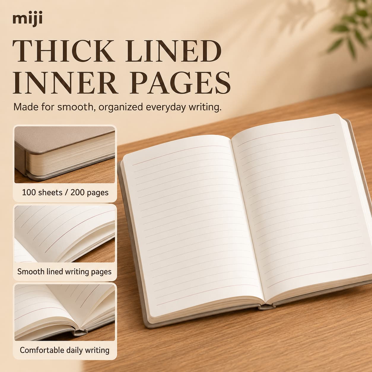 Open A5 notebook showing 100 sheets / 200 lined pages, a substantial page block and comfortable daily writing format.